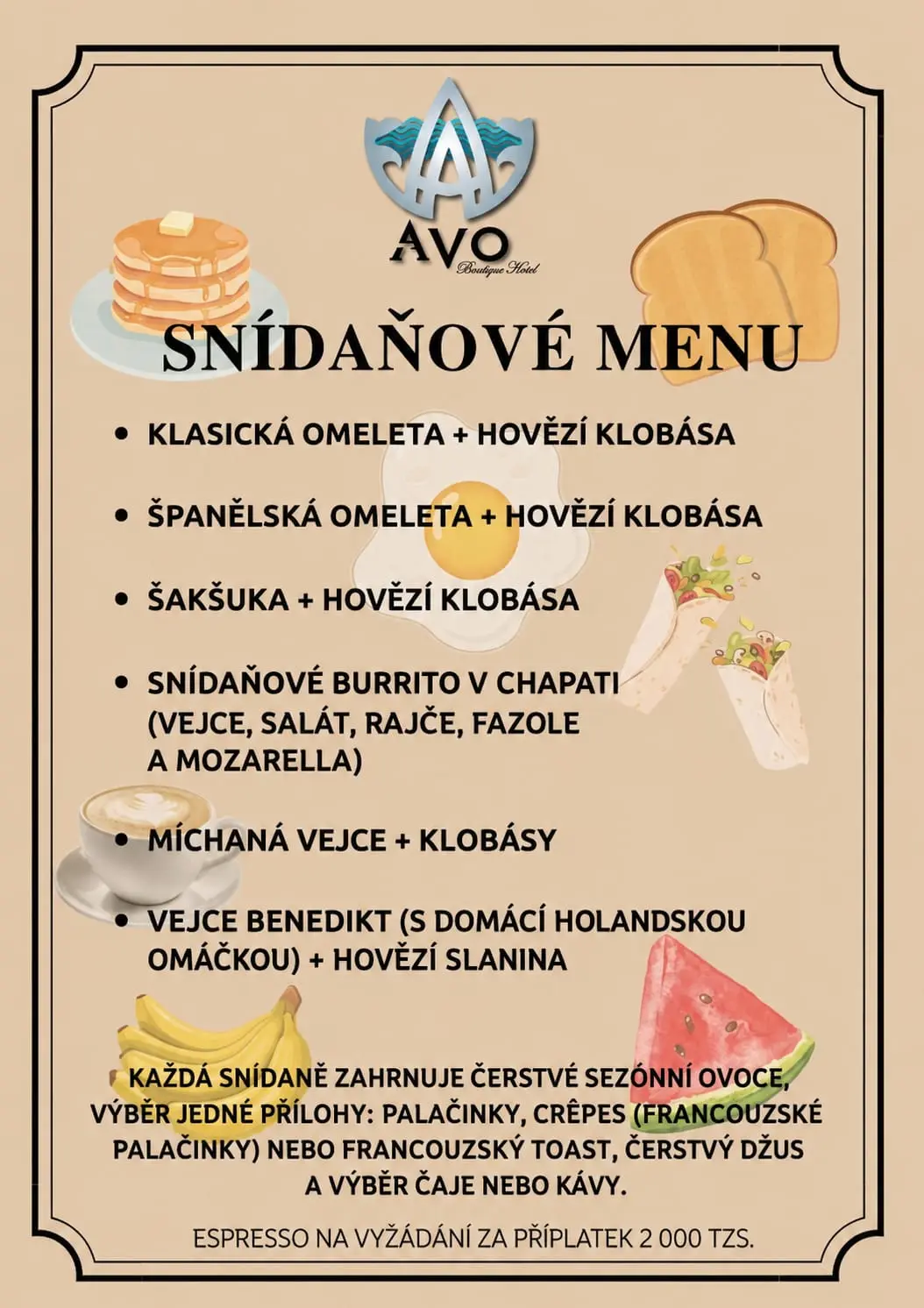 Snídaňové menu AVA Boutique Hotel s omeletami, šakšukou, burritem, míchanými vejci a vejci Benedikt